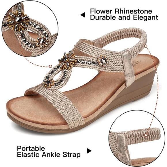 Womens Wedge Sandals Flower Low Heel Dressy Sandals (Elastic Ankle) - Picture 4 of 7